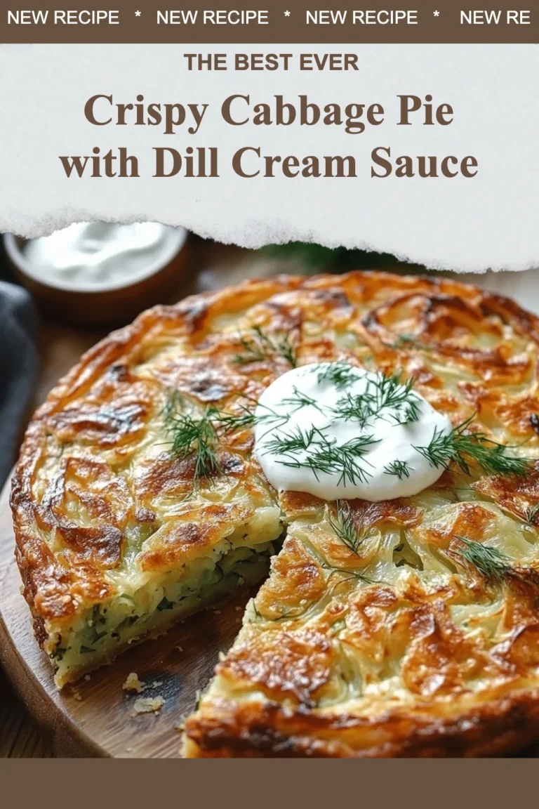 Crispy cabbage pie served with creamy dill sauce on a rustic wooden table.