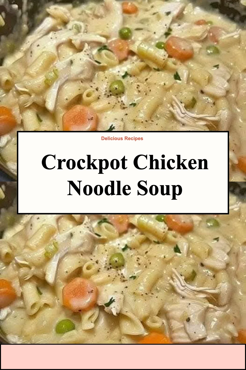 Bowl of deliciously cooked Crockpot chicken noodle soup with herbs and vegetables