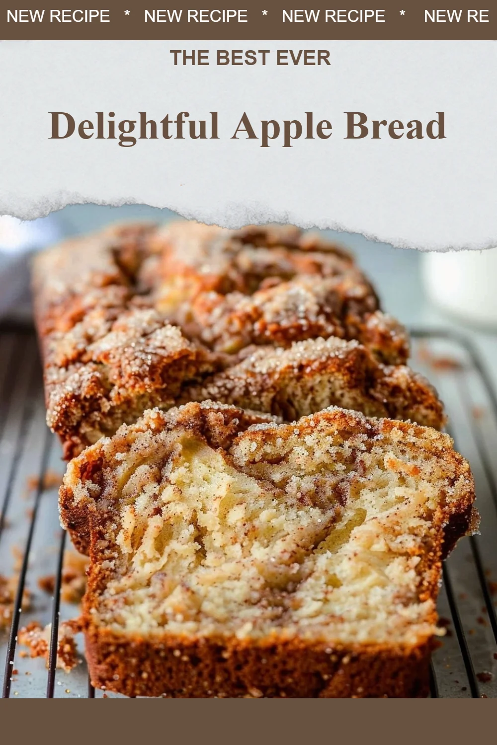 Slice of delightful apple bread topped with cinnamon and apple slices.