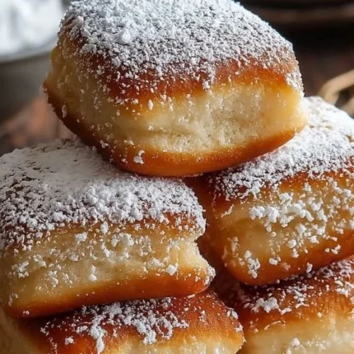 Delicious vanilla beignets dusted with powdered sugar on a plate