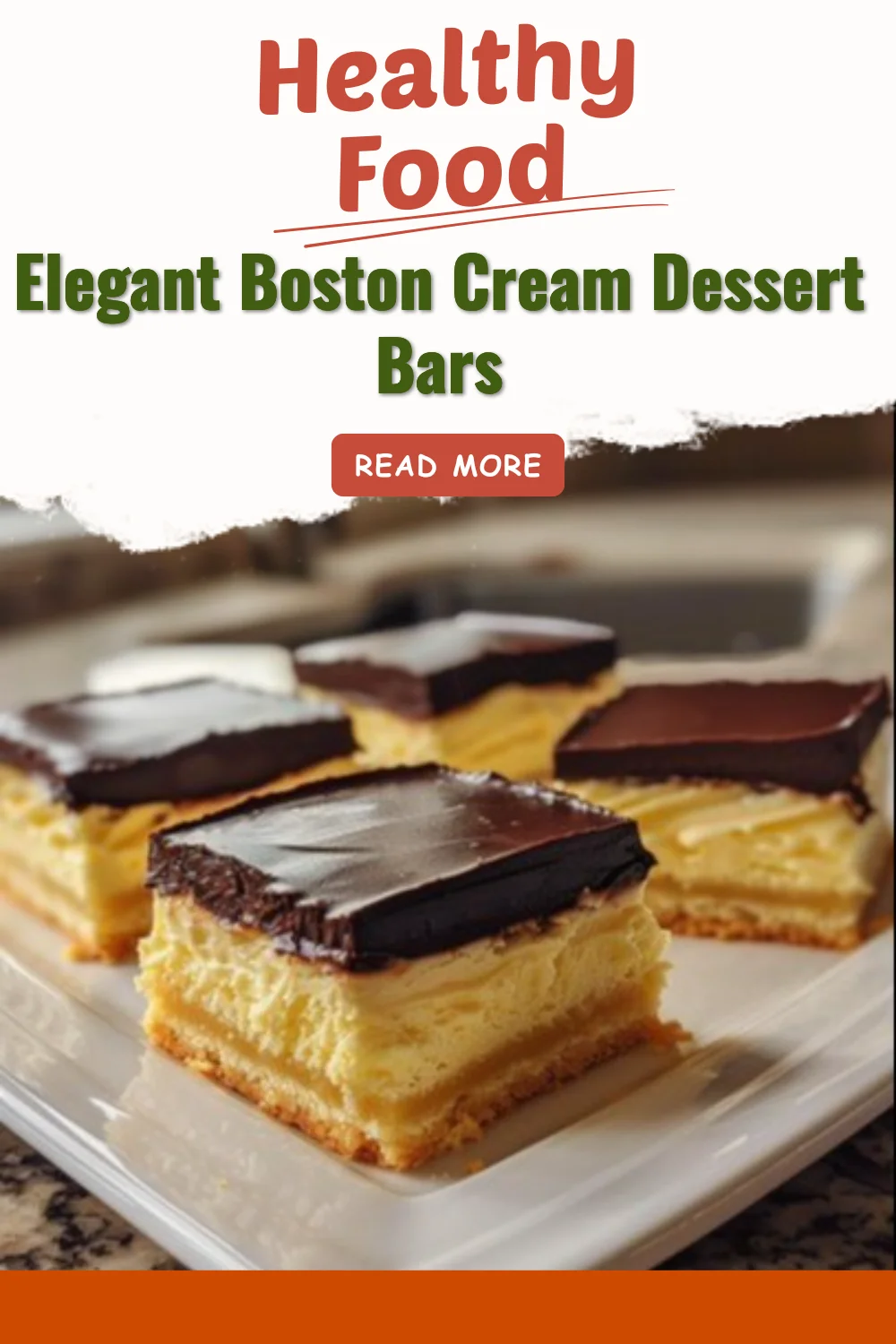 Elegant Boston Cream Dessert Bars topped with chocolate ganache on a white plate