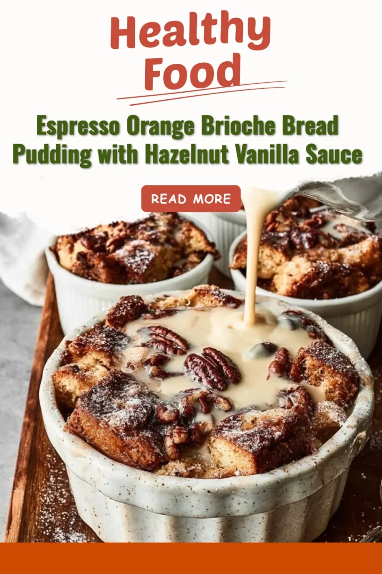 Espresso orange brioche bread pudding topped with hazelnut vanilla sauce