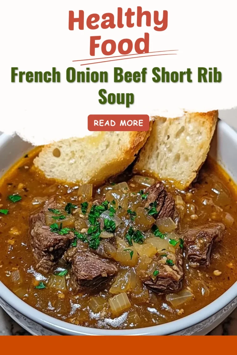 Bowl of French Onion Beef Short Rib Soup garnished with herbs