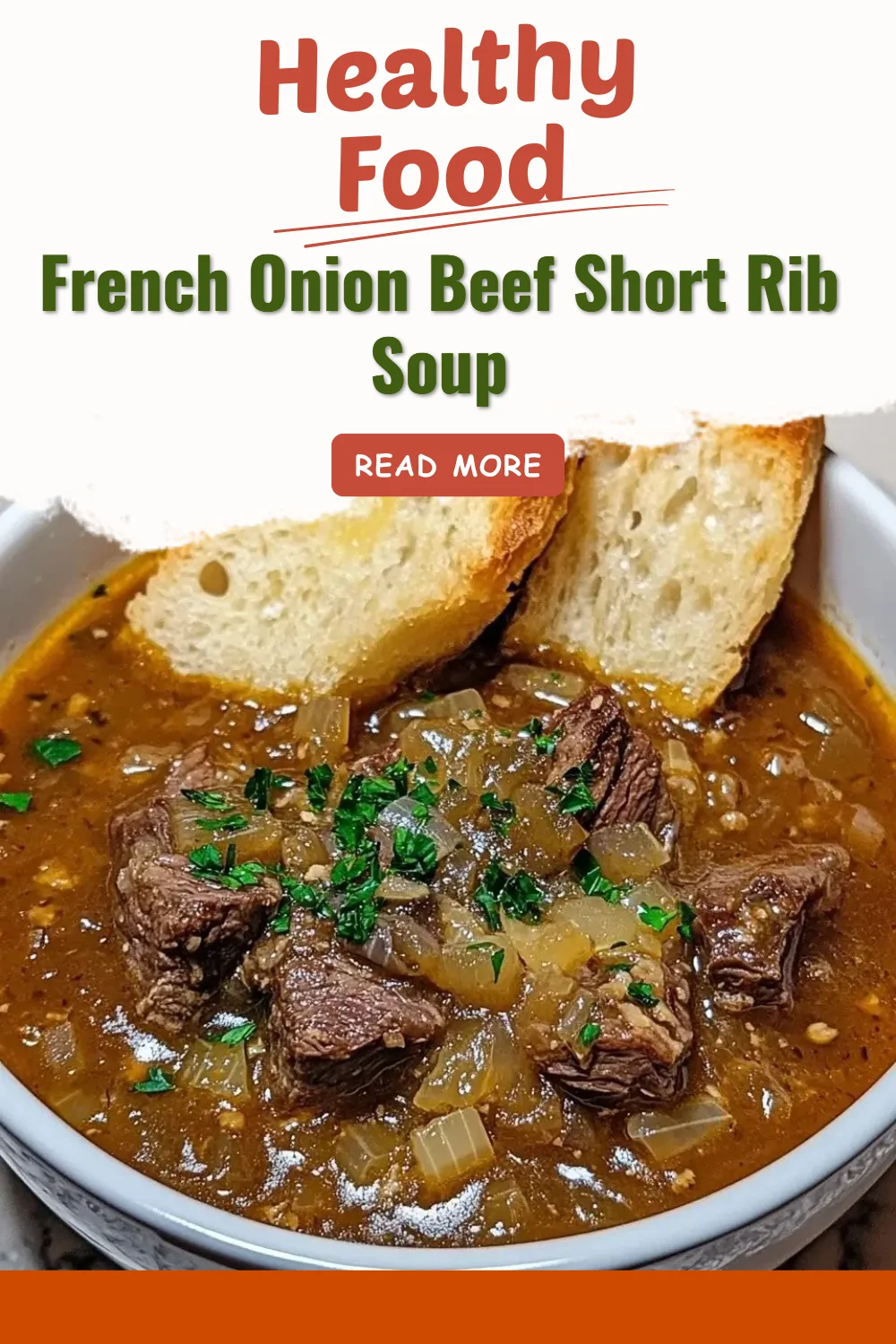 Bowl of French Onion Beef Short Rib Soup garnished with herbs