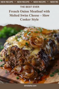 Slow cooker French onion meatloaf topped with melted Swiss cheese