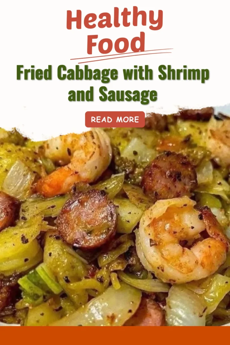 Plate of fried cabbage with shrimp and sausage, garnished with herbs