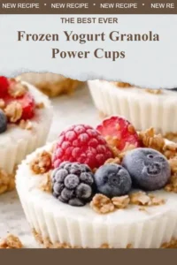 Delicious frozen yogurt granola power cups topped with fresh fruits and nuts.