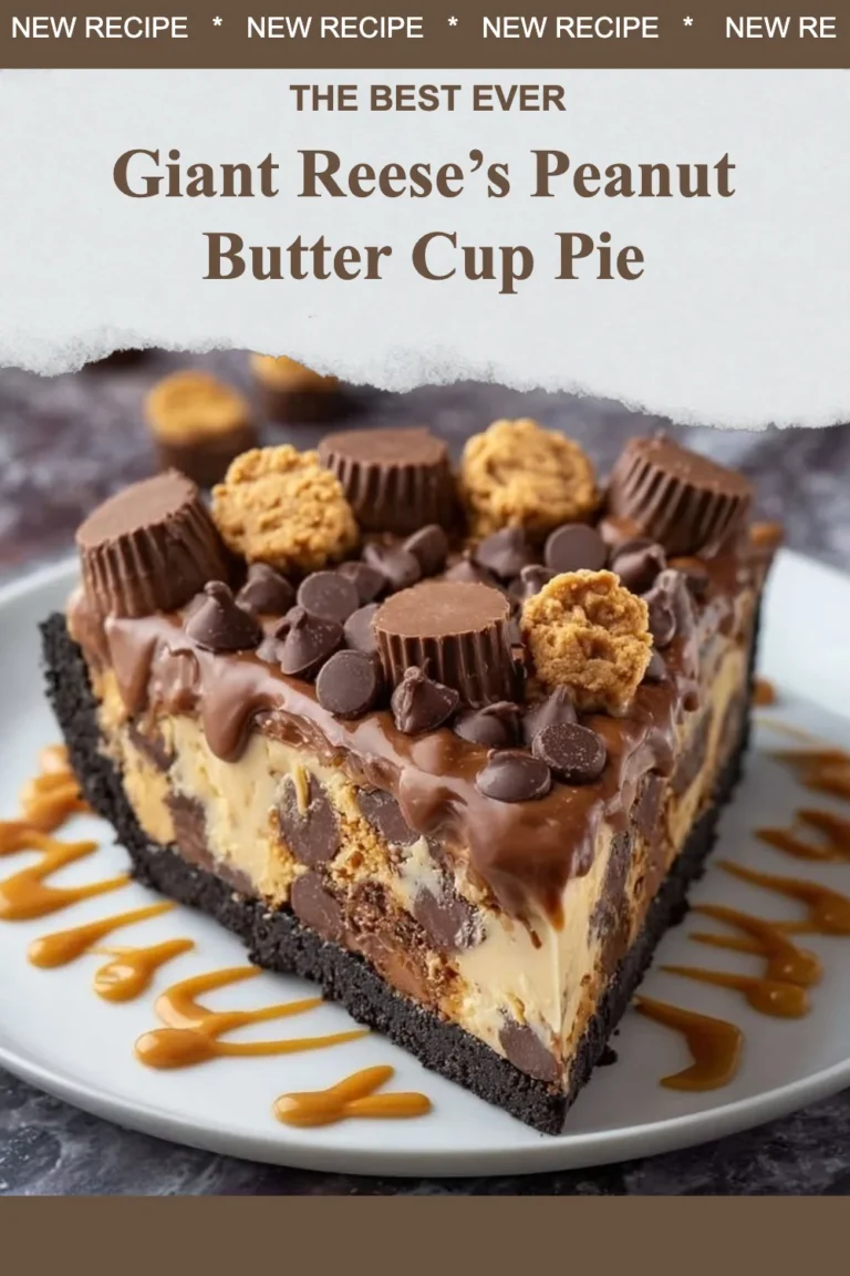 Giant Reese's Peanut Butter Cup Pie topped with chocolate and peanut butter