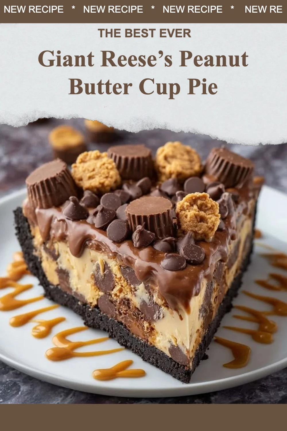 Giant Reese's Peanut Butter Cup Pie topped with chocolate and peanut butter