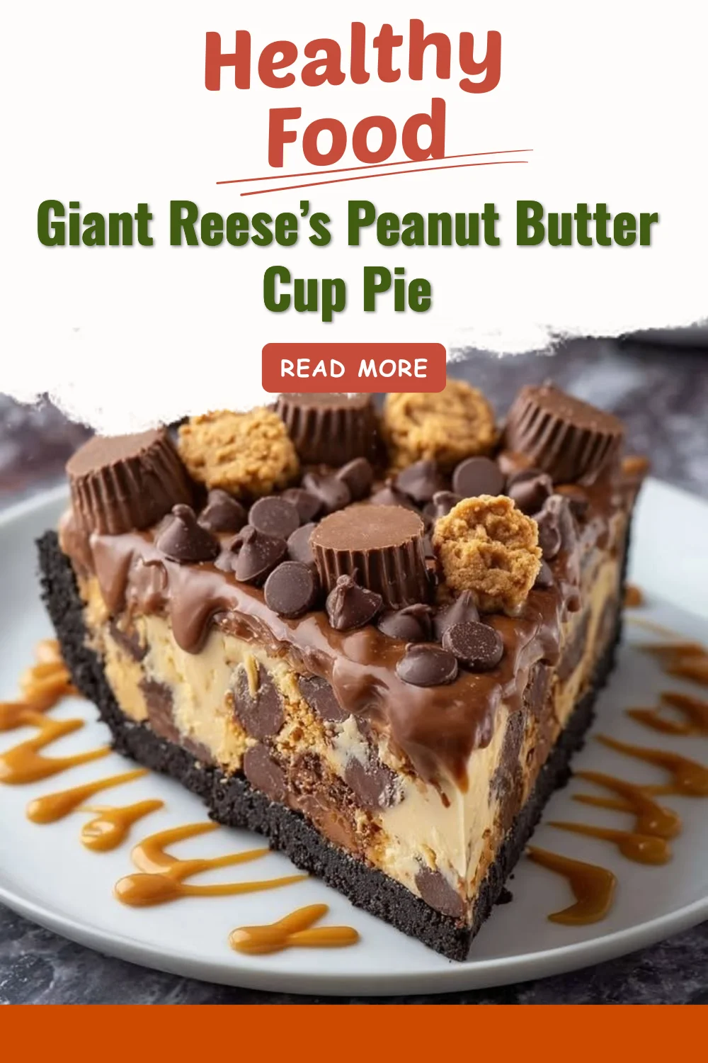 Giant Reese’s Peanut Butter Cup Pie with creamy peanut butter filling and chocolate topping.