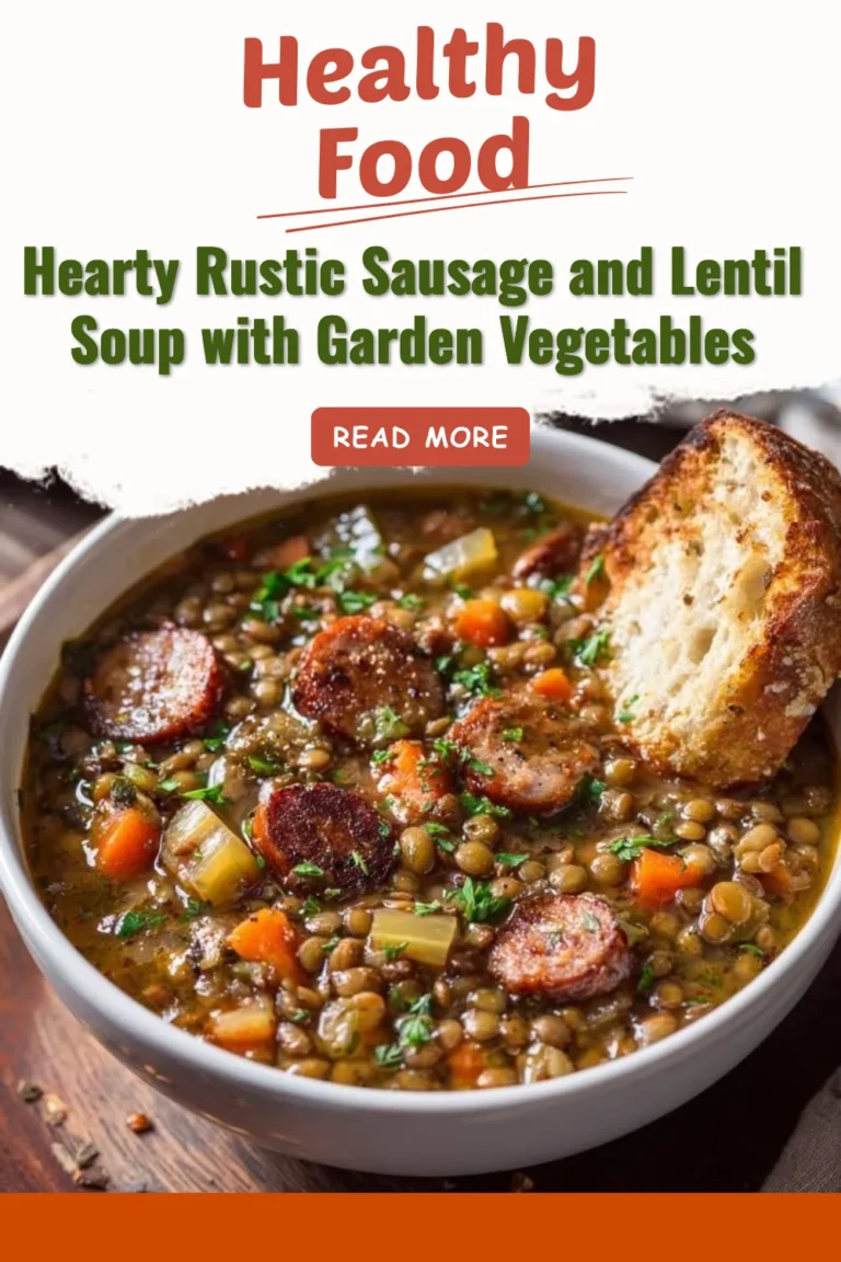 Bowl of hearty rustic sausage and lentil soup with fresh garden vegetables