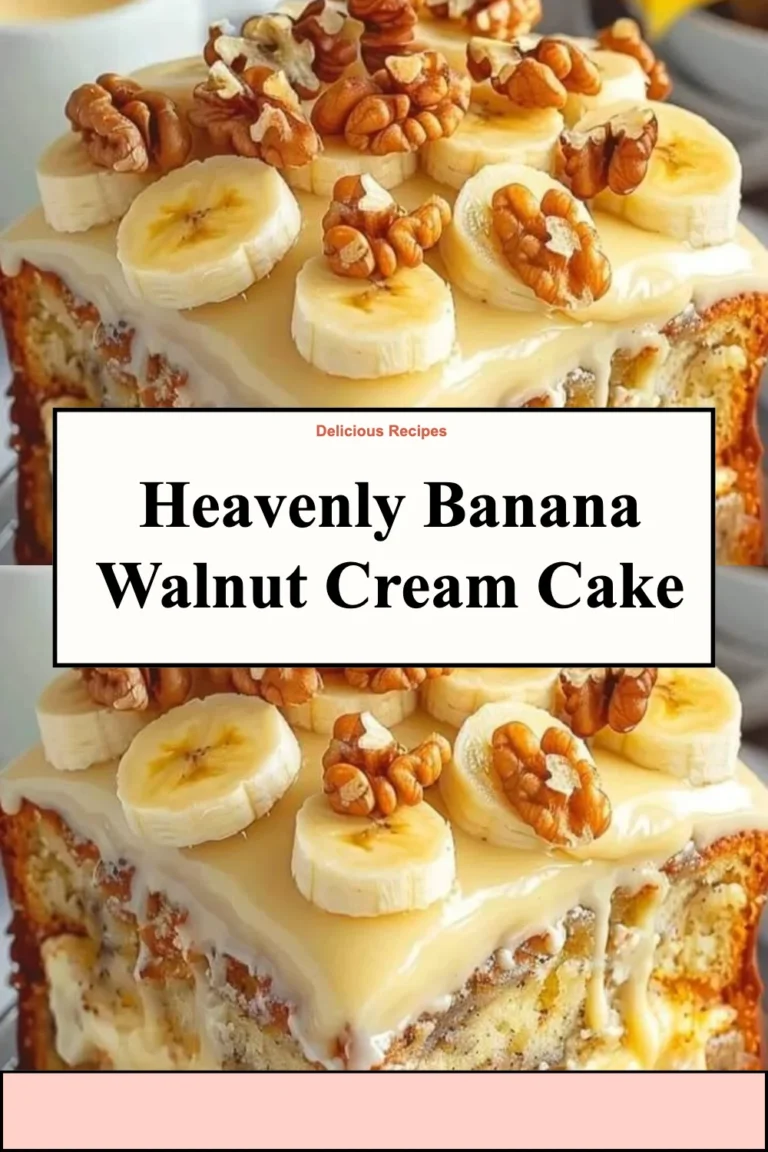 A slice of heavenly banana walnut cream cake topped with cream and walnuts.