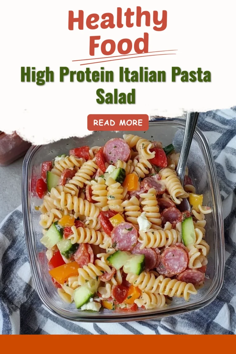 High Protein Italian Pasta Salad with fresh vegetables and dressing