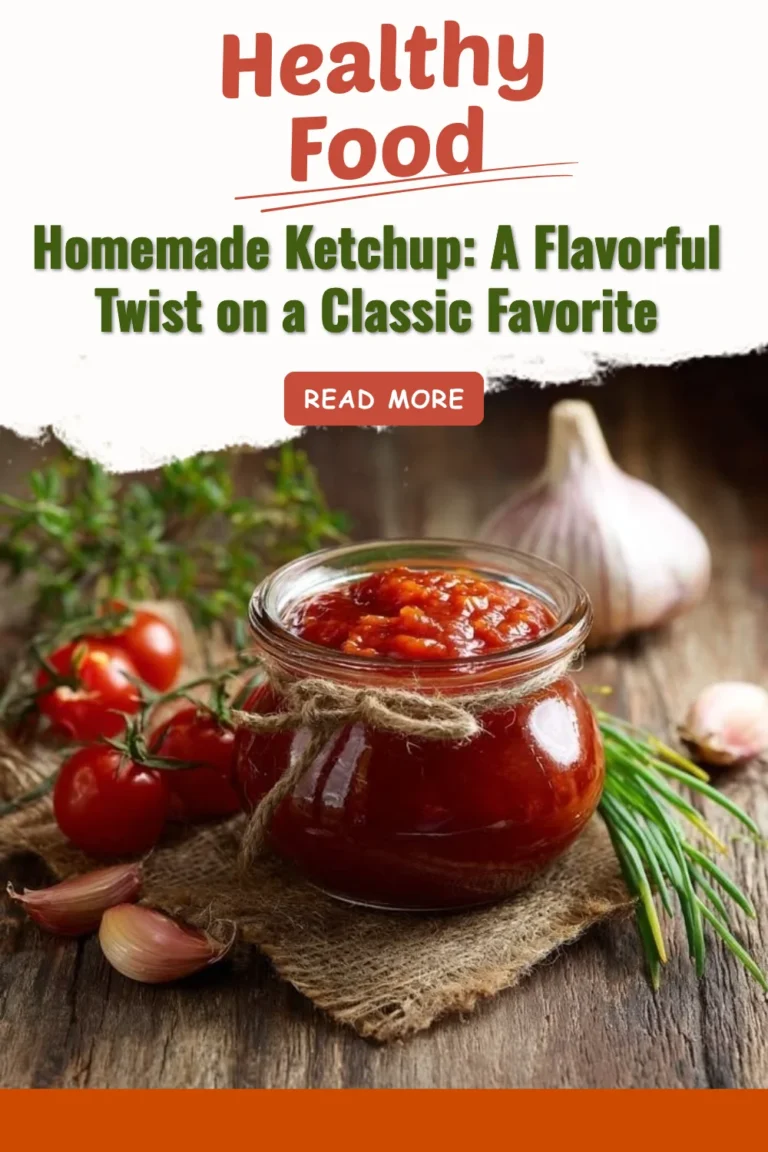 Homemade ketchup in a jar with fresh tomatoes and herbs.