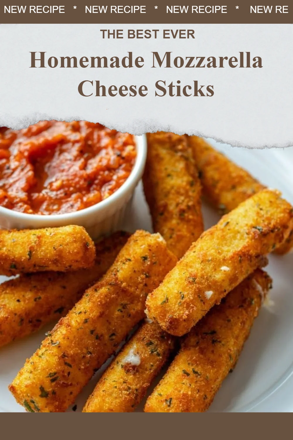 Delicious homemade mozzarella cheese sticks served with marinara sauce.