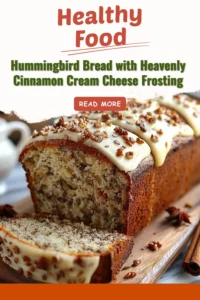Hummingbird Bread topped with cinnamon cream cheese frosting on a wooden table