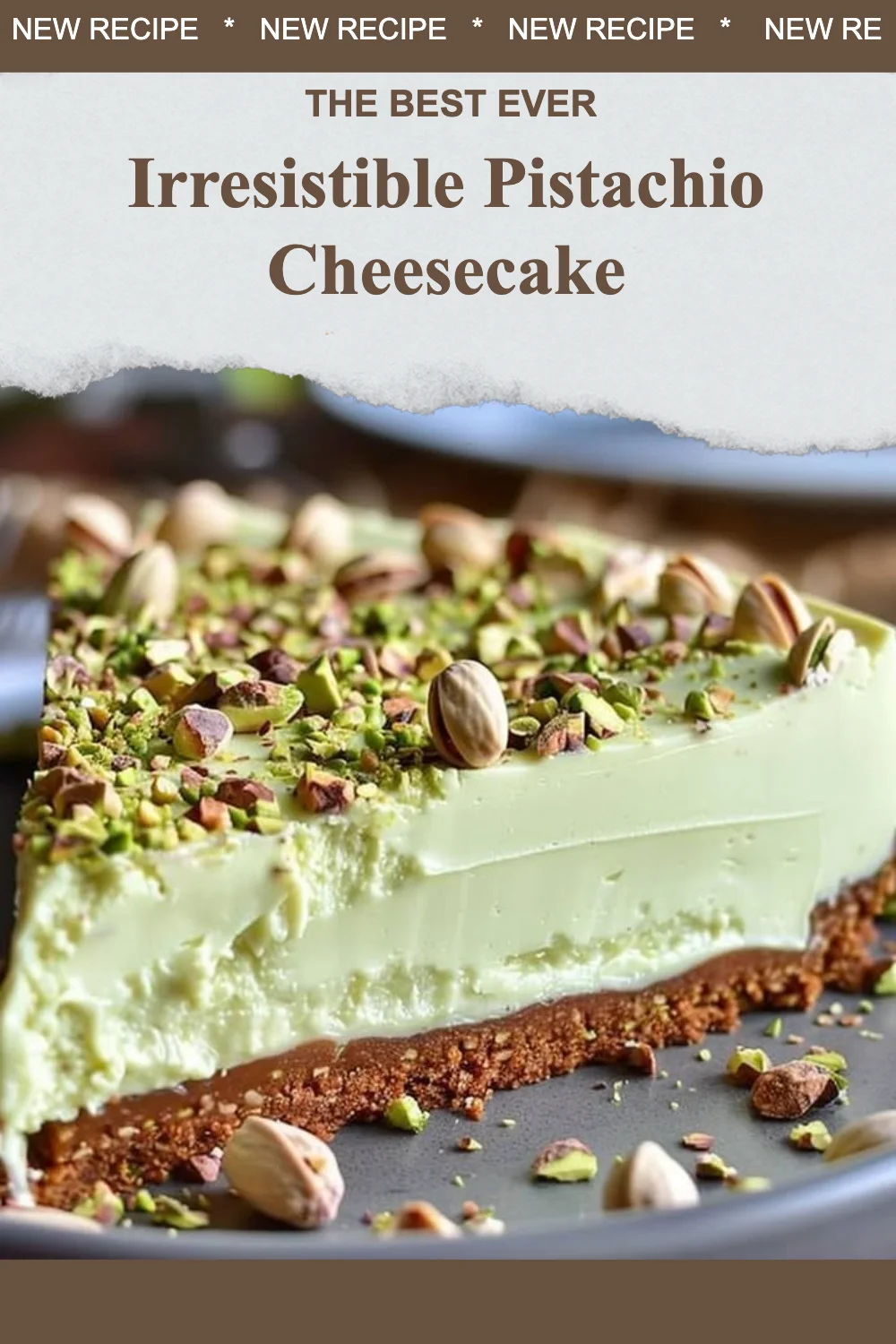 Slice of irresistible pistachio cheesecake garnished with crushed pistachios