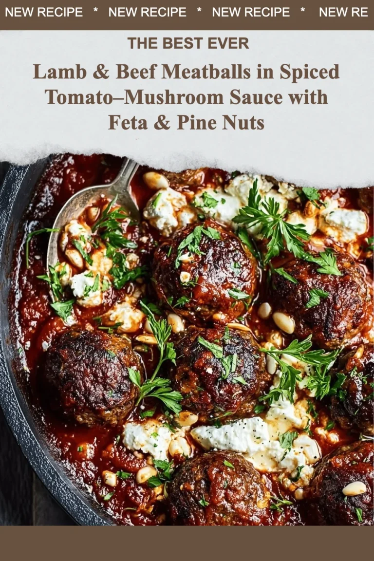 Lamb and beef meatballs in spiced tomato-mushroom sauce with feta and pine nuts