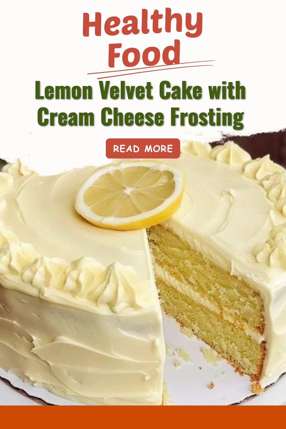 Slice of Lemon Velvet Cake with Cream Cheese Frosting on a decorative plate