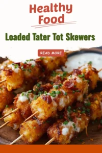 Loaded tater tot skewers topped with cheese, bacon, and green onions