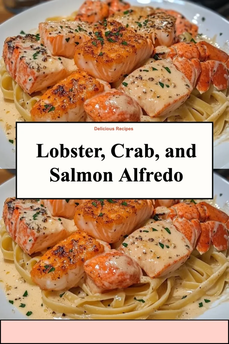 Delicious dish of Lobster Alfredo with crab and salmon, garnished elegantly.