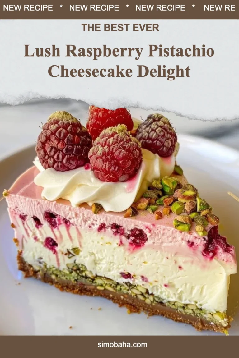 Delicious Raspberry Pistachio Cheesecake topped with fresh raspberries and pistachios.
