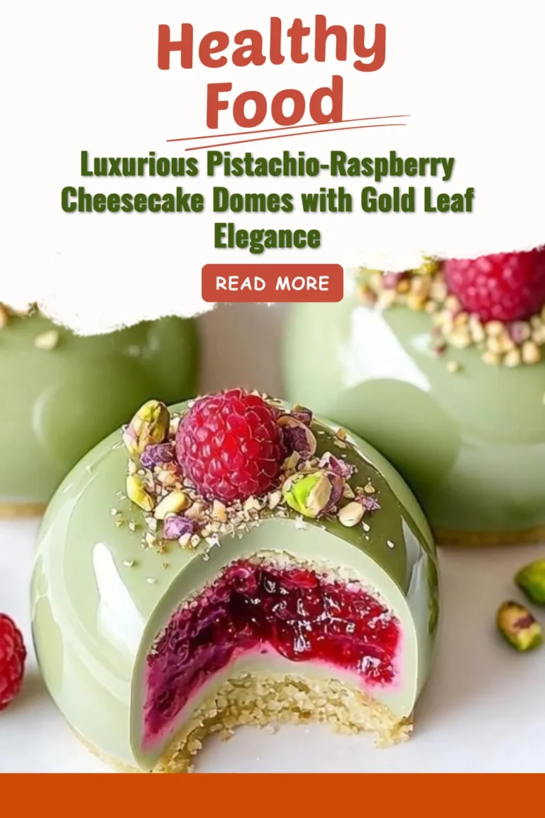 Luxurious pistachio-raspberry cheesecake domes with gold leaf decoration