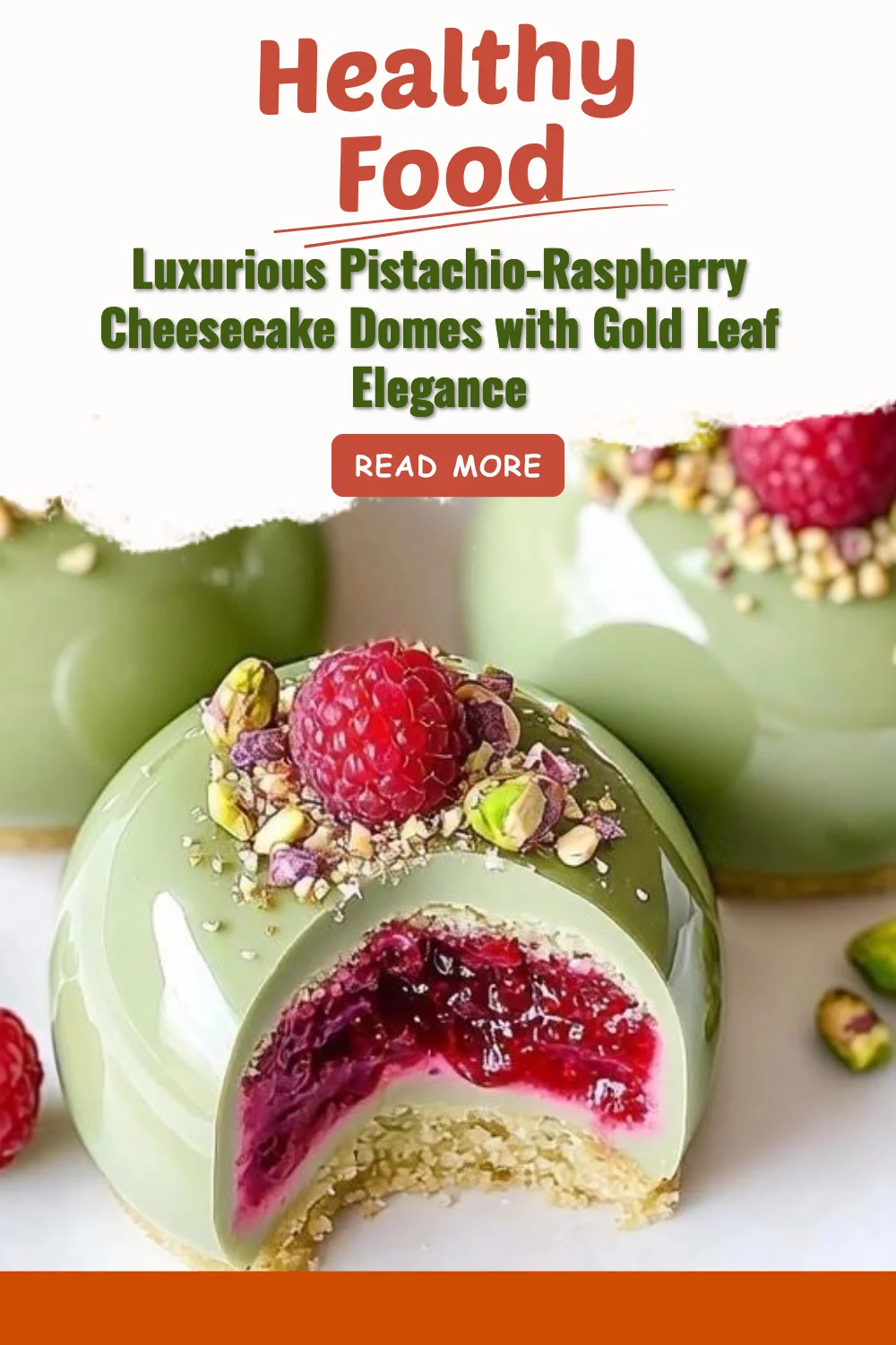 Luxurious pistachio-raspberry cheesecake domes with gold leaf decoration