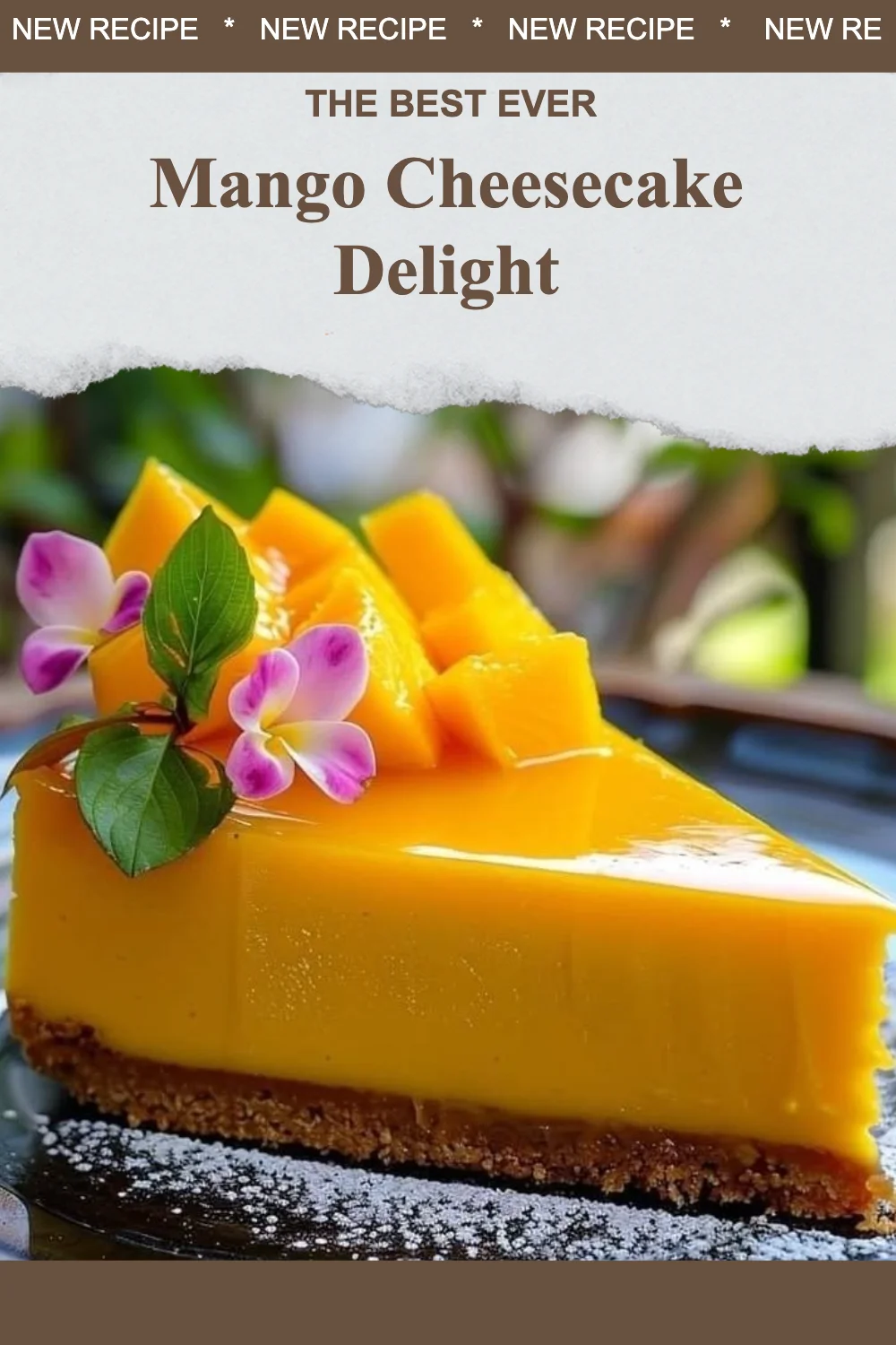 Delicious slice of mango cheesecake on a white plate with fresh mango slices