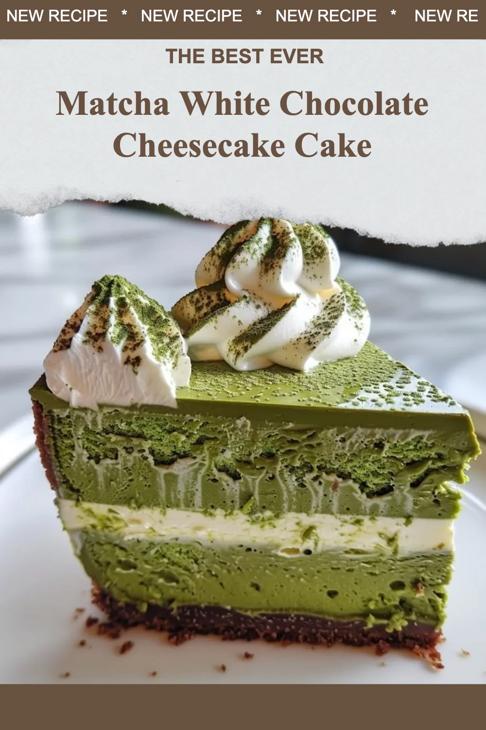 Matcha white chocolate cheesecake cake on a plate