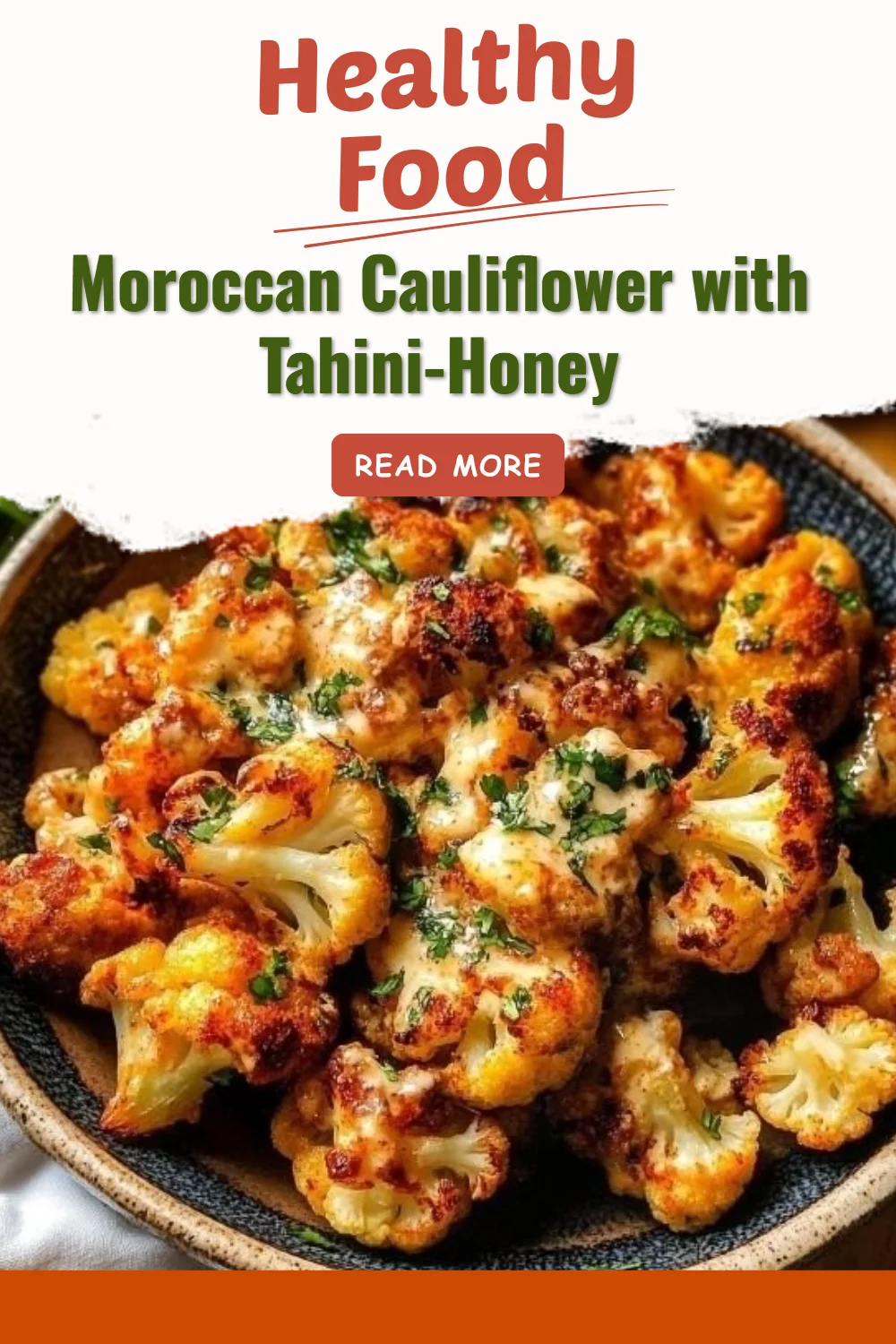 Plate of Moroccan cauliflower drizzled with tahini-honey sauce, garnished with herbs.