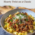 Lamb & Beef Meatballs in Spiced Tomato–Mushroom Sauce with Feta & Pine Nuts