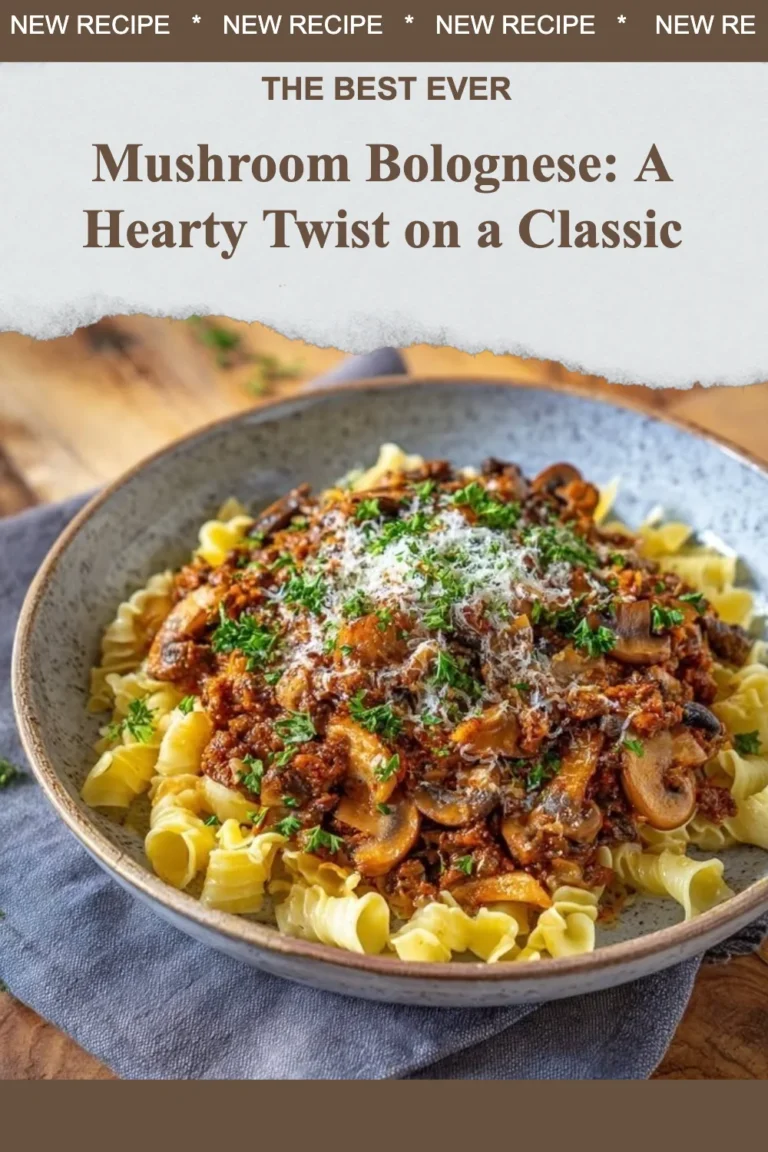 Plate of Mushroom Bolognese topped with herbs and parmesan cheese