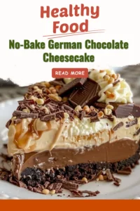 Delicious no-bake German chocolate cheesecake topped with coconut and pecans