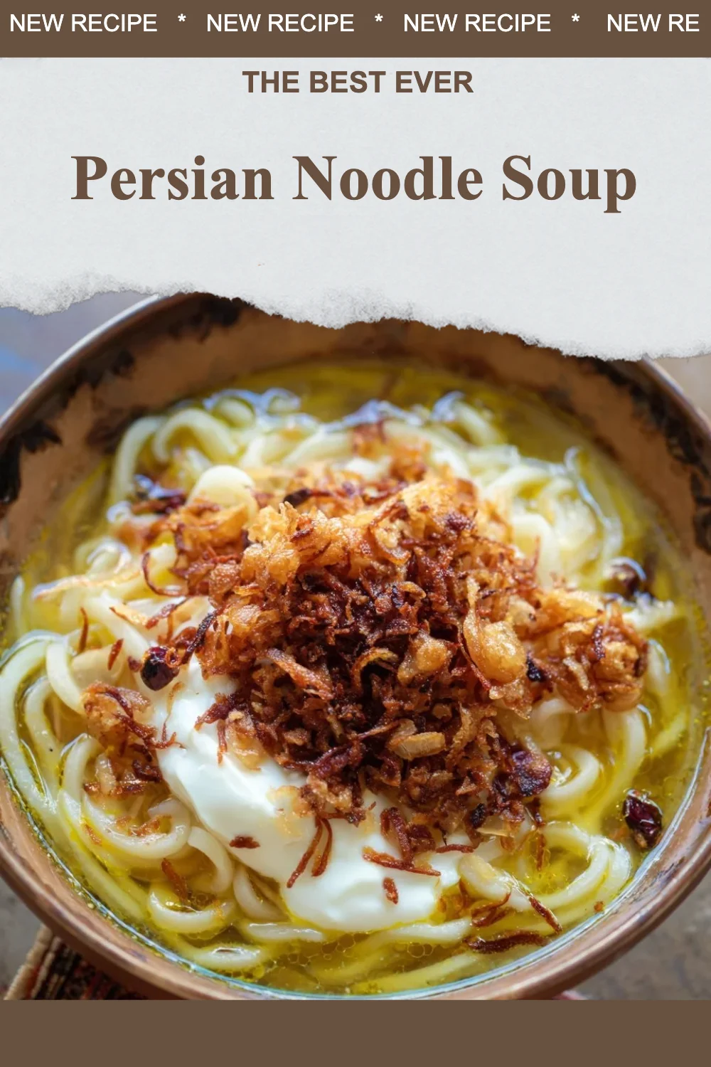 A bowl of Persian noodle soup garnished with herbs and spices.