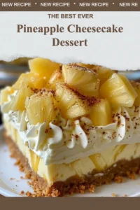 Delicious pineapple cheesecake dessert slice on a plate with fresh pineapple garnish