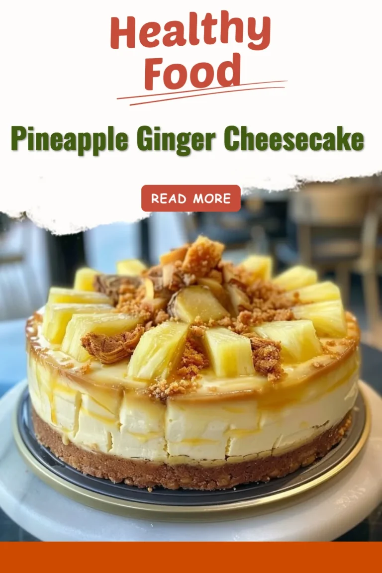 Sliced Pineapple Ginger Cheesecake on a plate with tropical fruit garnish.