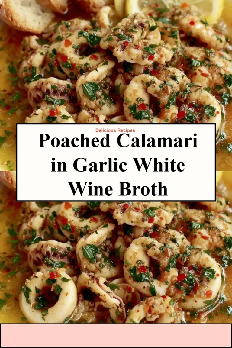 Plate of poached calamari garnished in garlic white wine broth