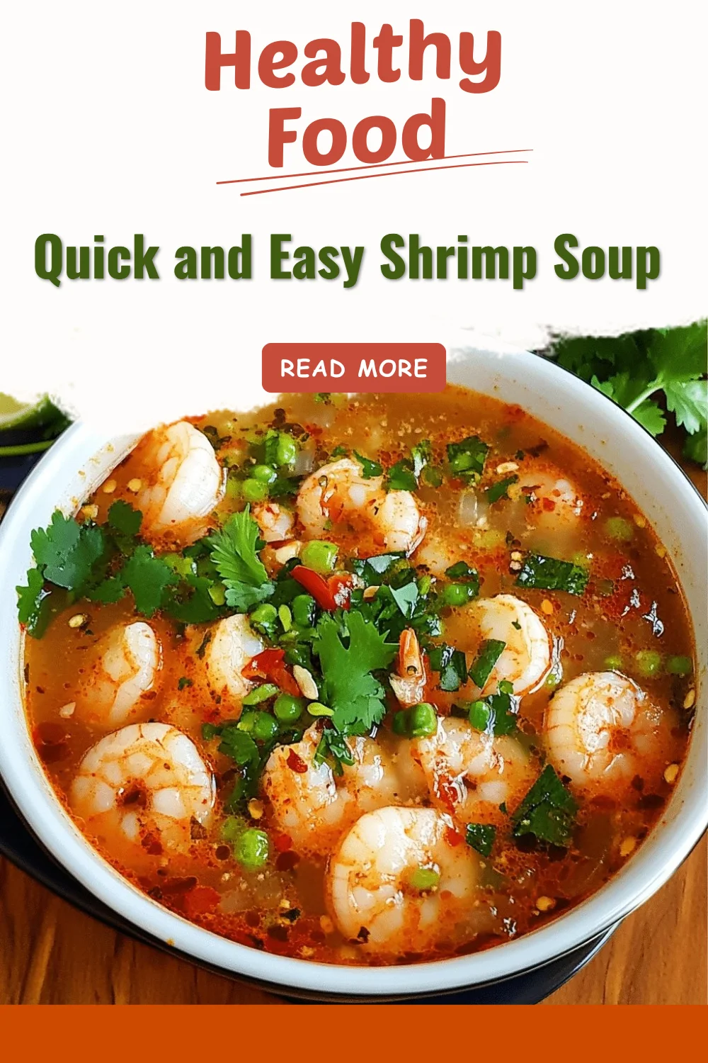 Bowl of quick and easy shrimp soup with herbs and vegetables
