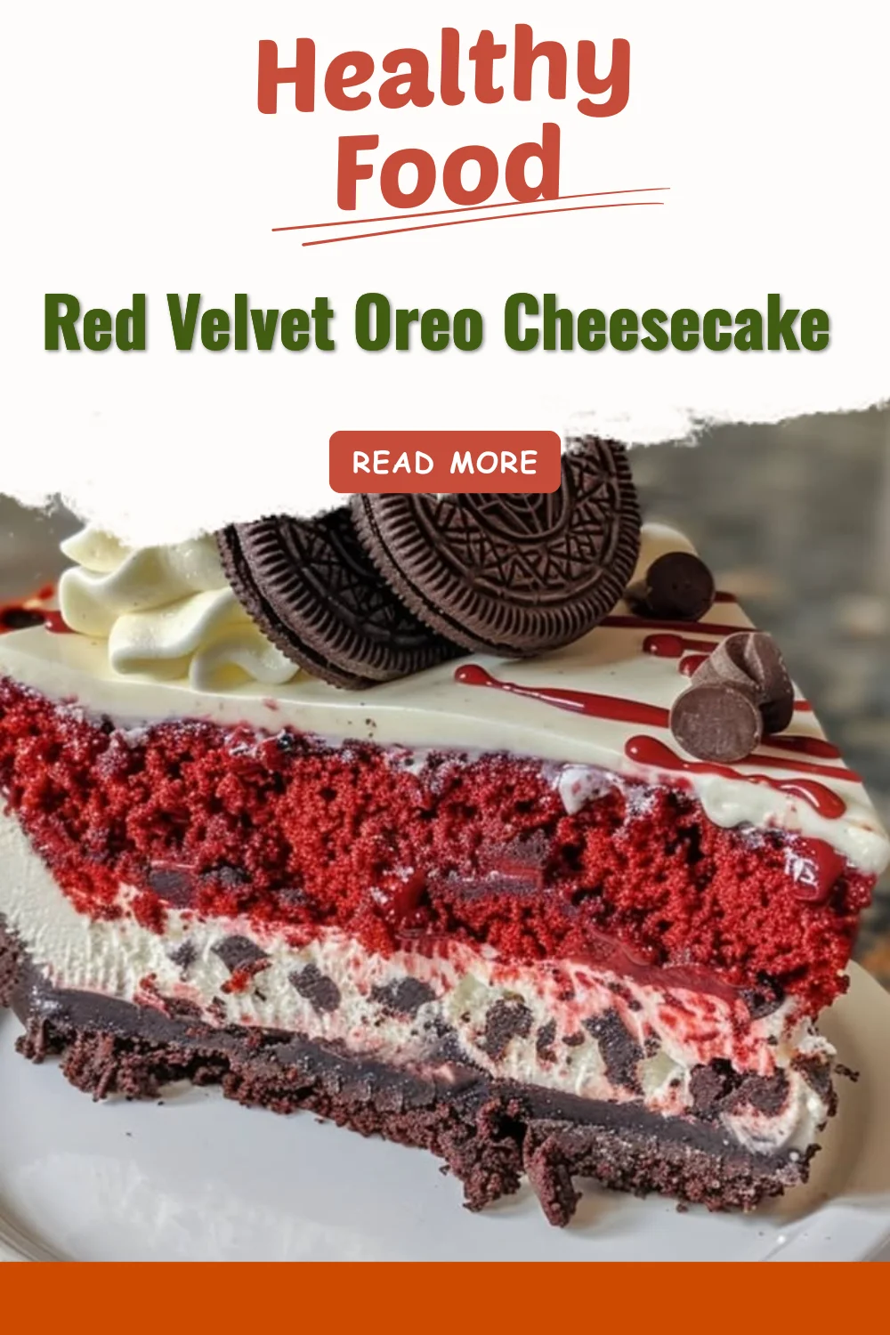 Delicious Red Velvet Oreo Cheesecake slice on a white plate with fork.