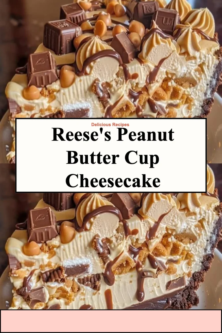 A slice of Reese's Peanut Butter Cup Cheesecake topped with chocolate and peanut butter cups.