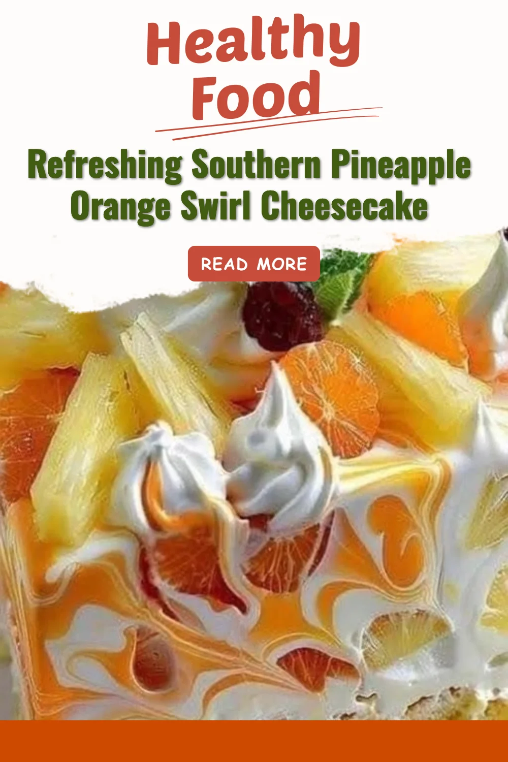 Slice of refreshing Southern Pineapple Orange Swirl Cheesecake with vibrant fruit swirls
