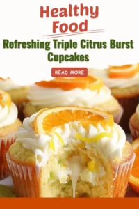 Delicious triple citrus burst cupcakes topped with zesty frosting and lemon slices.