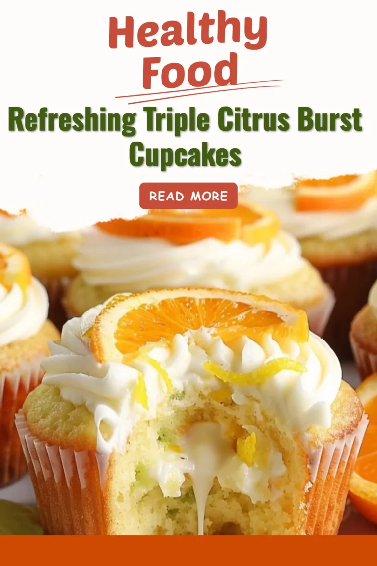 Delicious triple citrus burst cupcakes topped with zesty frosting and lemon slices.