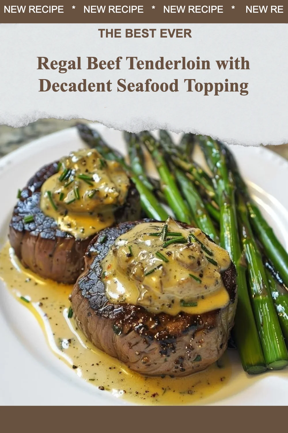 Regal beef tenderloin with seafood topping served elegantly on a plate.