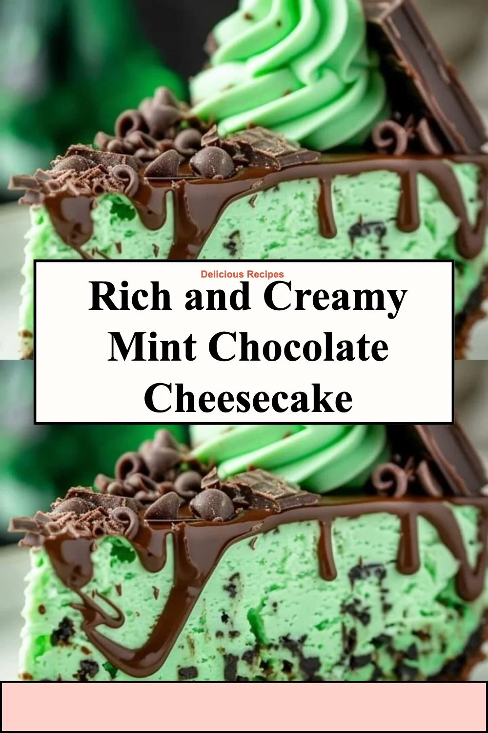 Slice of rich and creamy mint chocolate cheesecake topped with chocolate shavings
