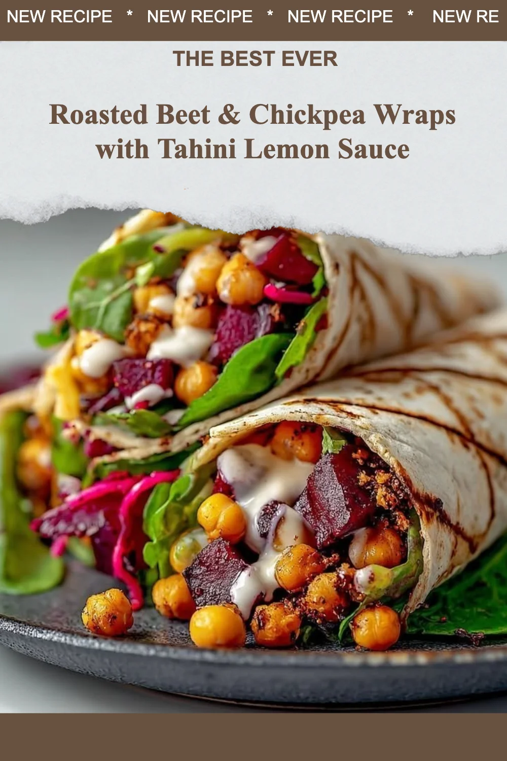 Roasted beet and chickpea wraps with tahini lemon sauce on a plate