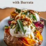 Roasted sweet potatoes topped with creamy burrata cheese on a plate
