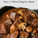 Bowl of savory beef mushroom stew garnished with fresh parsley