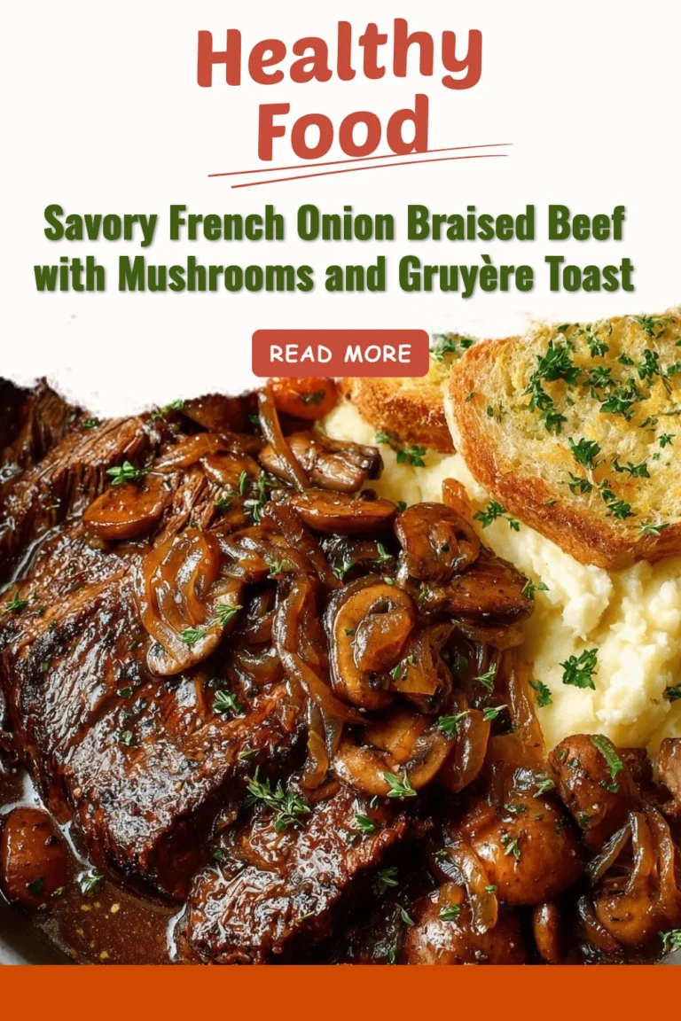 Savory French onion beef dish with mushrooms and Gruyère toast on a plate